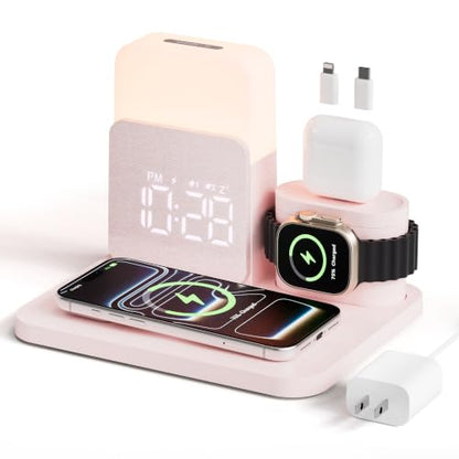 7 in 1 Wireless Charging Station, 25W Charger with Alarm Clock Night Light - color: Pink