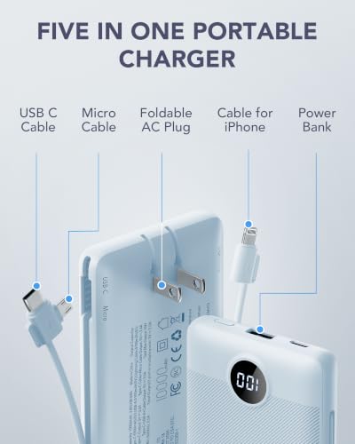 VRURC Portable Charger, Power Bank Built-in Cables and AC Wall Plug - color: Blue