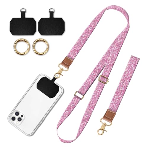 Cell Phone Lanyard Adjustable Crossbody Strap, Cute Phone Neck Wristlet Wrist Strap Patch for Keys Case Accessories - color: Pink Glitter