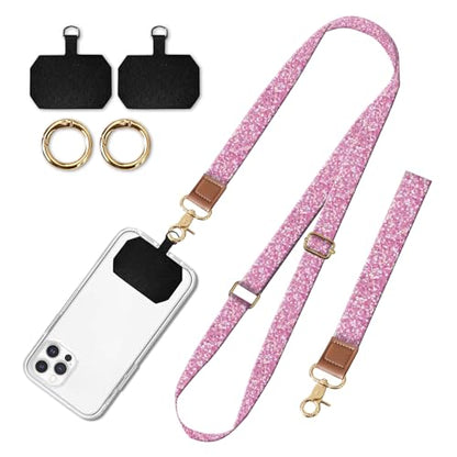 Cell Phone Lanyard Adjustable Crossbody Strap, Cute Phone Neck Wristlet Wrist Strap Patch for Keys Case Accessories - color: Pink Glitter