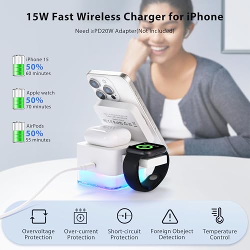 15W Wireless Charger 3-in-1 Apple Charging Station with Night Light - color: White