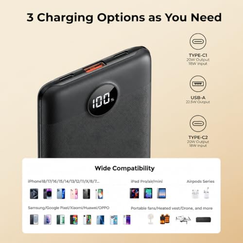 Small Portable Charger 10000mAh 20W Fast Charging Mini Power Bank, Black - color: Black