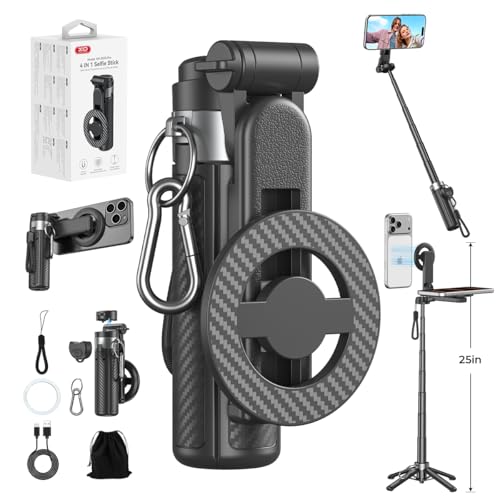 Upgrated 5-in-1 Magnetic Selfie Stick with Remote for Cell Phone 360° Rotation.Can Transforms into Mini Tripod/Camera Grip/Handheld Stabilizer/Phone Stand.Extend to 25 inches - color: Black