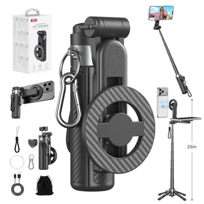 Upgrated 5-in-1 Magnetic Selfie Stick with Remote for Cell Phone 360° Rotation.Can Transforms into Mini Tripod/Camera Grip/Handheld Stabilizer/Phone Stand.Extend to 25 inches - color: Black