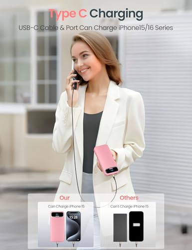 aonidi Portable Charger 12000mAh with Built-in Cables&AC Wall Plug, Pink - color: Pink