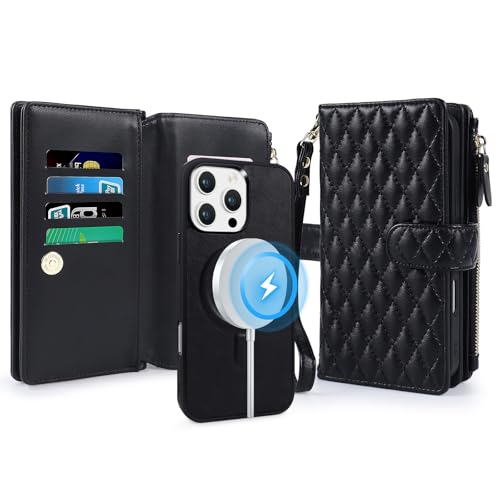 for iPhone 16e/17e Case Wallet,Compatible with MagSafe Magnetic 2 in 1 Magnetic Detachable PU Leather RFID Blocking Wallet Cover Card Holder Zipper Wrist Strap Lanyard,Quilted Black - color: Quilted Black