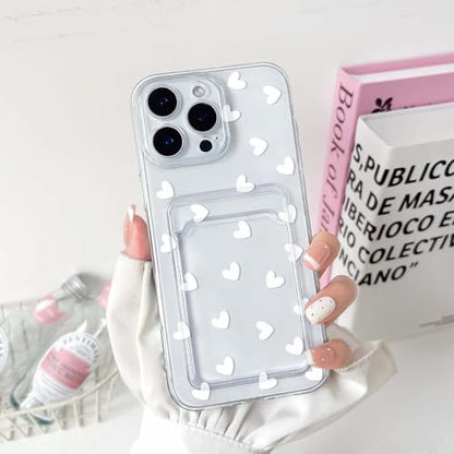 NITITOP Compatible with iPhone 16 Pro Case Clear with Card Holder Cute White Love Heart Pattern Design Design Soft TPU Shock-Absorbing Wallet Case Protective Cover - White - color: White, size: iPhone 16 Pro