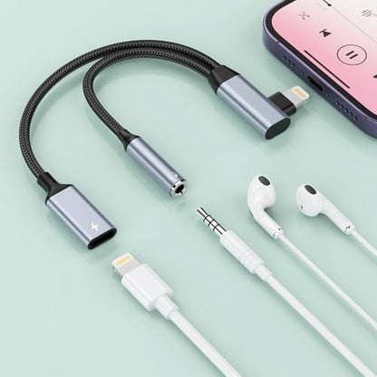 Right Angle 2-in-1 Lightning to 3.5mm Audio Aux Jack Headphone + Charge Cable Adapter iPhone,90 Degree Earphone Converter Splitter for Music+Charge+HiFi with iPhone 14 13 12 11【Apple MFi Certified】