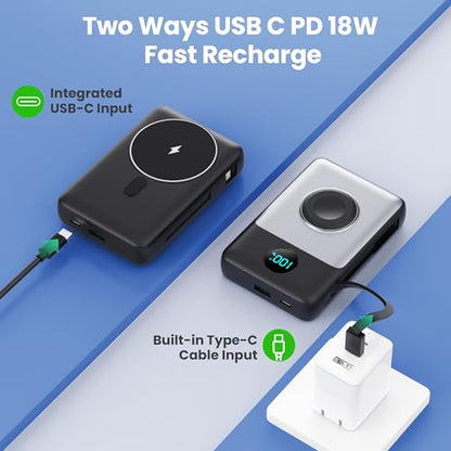 Magnetic Portable Charger for iPhone 18/17/16,10800mAh Power Bank with Built-in Cables & LCD Display,25W PD Fast Charging Battery Pack for iPhone 18 Pro/18 Pro Max/17/16/15/14/13/12 Series,Apple Watch