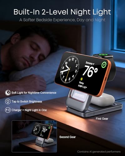 Qi2.2 25W 3-in-1 Foldable Magnetic Wireless Charger for iPhone, Night Light