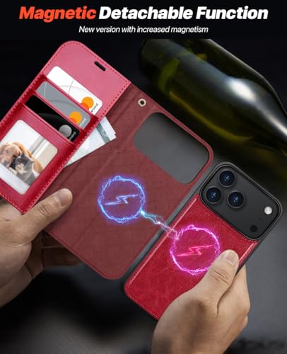 OCASE for iPhone 17 Pro Detachable Wallet Case with Card Holder, 2 in 1 PU Leather Flip Folio with RFID Blocking Stand Wrist Strap Shockproof Phone Cover 6.3 Inch 2025, Red - color: Red, size: iPhone 17 Pro