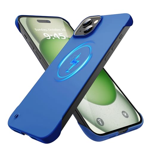GRECAZO Magnetic Slim Frameless Case for iPhone 15, Blue | Compatible with MagSafe, Soft-Touch Matte Hard PC Cover, Ultra Thin Lightweight Minimalist, Pull Ring Lanyard, 6.1 Inch - color: Blue, size: iPhone 15