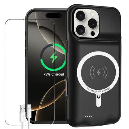 Battery Case for iPhone 16 Pro Max, Enhanced 12000mAh Portable Protective Wireless Charging Case Support Carplay Compatible with iPhone 16 Pro Max (6.9 inch) Rechargeable Battery Charger Cover(Black) - size: iPhone 16 Pro Max