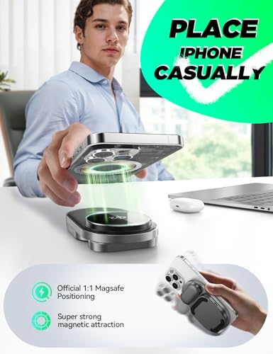 Qi2 3 in 1 Wireless Charging Station,JOYROOM 15W Fast Wireless Charger Stand for iPhone 16/15/14/13, Apple Watch, AirPods, Magnetic Foldable for MagSafe Charger for Multiple Devices (with 30w Adapter)