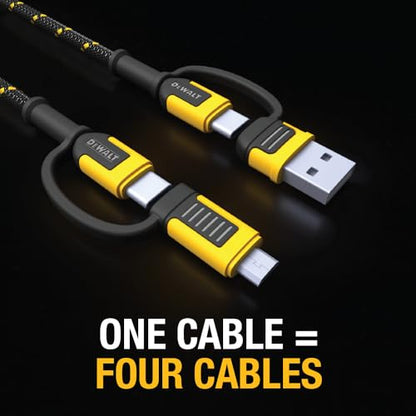 DEWALT Heavy Duty 4-in-1 Cable, Type C/MicroUSB/USB, (6ft, Black)