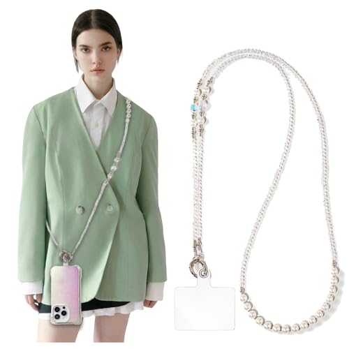 Phone Chain Crossbody Pearl Strap,Pearl Beaded Chain Shoulder Crossbody Lanyard with Phone Tether Patches Compatible with Most Phones Bag Purse - color: N