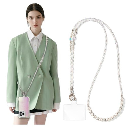 Phone Chain Crossbody Pearl Strap,Pearl Beaded Chain Shoulder Crossbody Lanyard with Phone Tether Patches Compatible with Most Phones Bag Purse - color: N