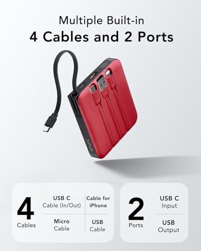 VRURC 10000mAh Portable Charger Power Bank Built-in Cables - color: Red