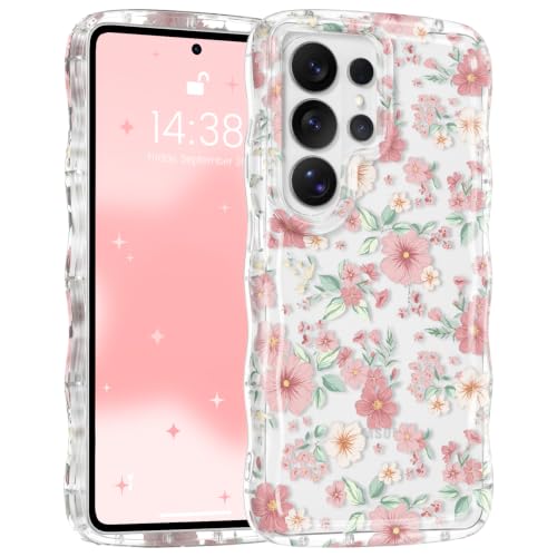RALEAVO for Samsung Galaxy S26 Ultra Case Cute Floral Acrylic Cover,Pink | Cute Flowers Pattern Design,Clear Curly Wave Frame Cover for Women,Hard Acrylic Shockproof Anti-slip Case for S26 Ultra - color: Clear/Pink Flowers, size: For S26 Ultra