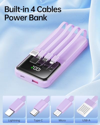 Portable Charger Power Bank with Built in Cable 20000mAh Fast Charging - color: Purple