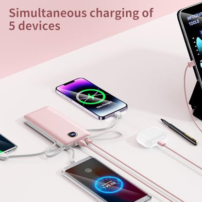 Portable Charger 10000mAh 22.5W Power Bank,Built-in 3 Cables & AC Wall Plug - color: Pink