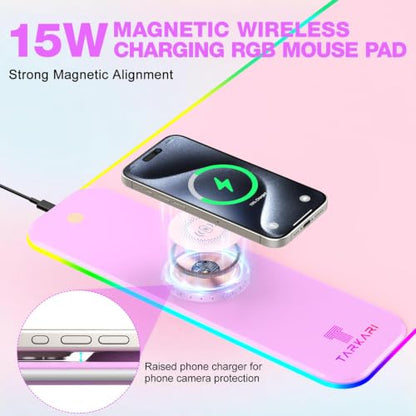 TARKARI 15W Magnetic Wireless Charging RGB Mouse Pad, 800x300mm Pink - color: Pink