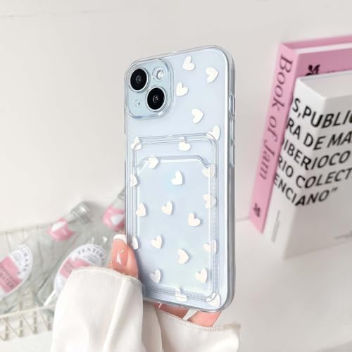 NITITOP Compatible with iPhone 15 Case Clear with Card Holder Cute White Love Heart Pattern Design Design Soft TPU Shock-Absorbing Wallet Case Protective Cover - White - color: White, size: iPhone 15