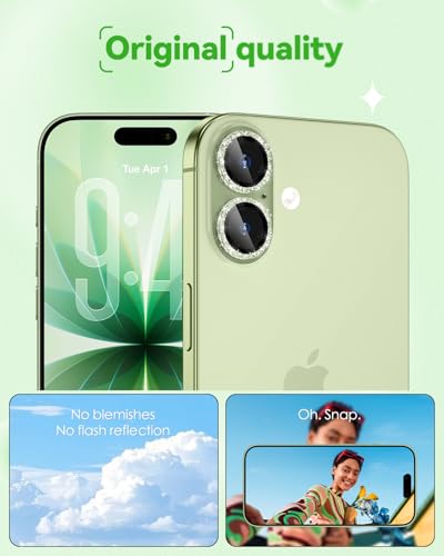 CloudValley All Bling Camera Lens Protector for iPhone 17/iPhone 16/Plus - color: Bling Green