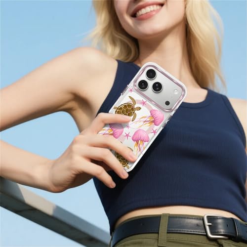 VisEnt Clear Case for iPhone 17 Pro, Magnetic Phone Case, Transparent Slim Cover, Military Grade Protection, Shockproof, Anti-Yellowing, Scratch Resistant, Pink Jellyfish Sea Turtle - color: Pink Jellyfish Sea Turtle, size: Iphone 17 Pro