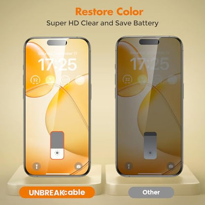 UNBREAKcable Privacy Screen Protector for iPhone 15, Full Coverage Shatterproof Tempered Glass [True 28°Anti Spy] [9H Hardness] [Easy Installation Frame] 2-Pack Private Screen for iPhone 15 - size: iPhone 15