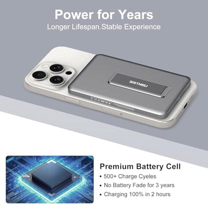 SIXTHGU Magnetic Slim Portable Charger with Stand, PowerMag, 5000mAh Wireless Power Bank[Alloy-Made], PD 20W Fast Charging, Compatible with iPhone 17/16/15/15 Pro/15 Pro Max, iPhone 14/13/12 Series