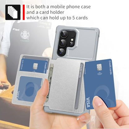 for Samsung Galaxy S21 Ultra 6.8" Case with Card Holder, Compatible with Magnetic Car Mount, Heavy Duty Shockproof Rugged Soft TPU Back Leather Flip Wallet Phone Cover, Silver - color: Silver, size: Samsung Galaxy S21 Ultra