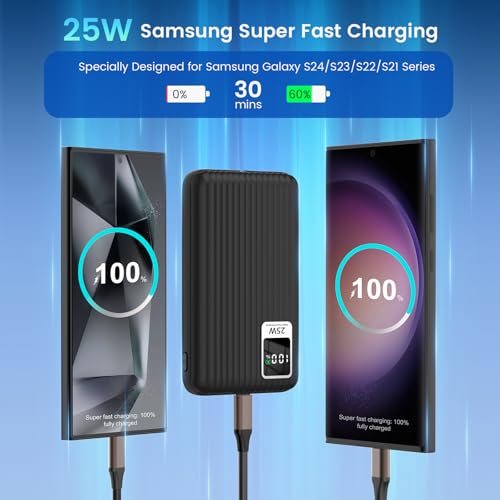 25W Super Fast Charging Portable Charger 10000mAh Power Bank,Built in Cable