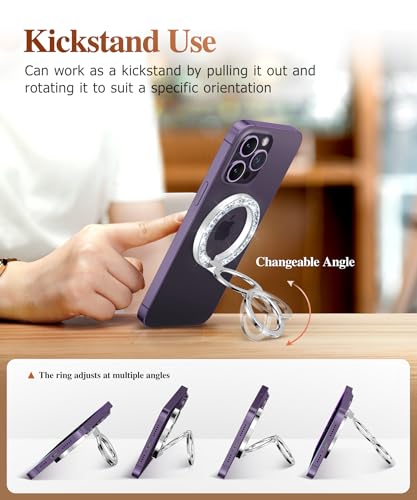 GVIEWIN Magnetic Phone Ring Holder, Compatible with MagSafe Phone Grip | Adjustable Stand, Magnet Phone Ring Kickstand, for iPhone 17/16/15/14/13/12 Pro Max Plus Air/Other Phones (Glitter/Silver) - color: A-Glitter/Silver