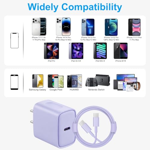 iPhone 17 16 15 Charger Fast Charging 10FT - 20W USB C Charger Block - color: Purple, size: 10FT