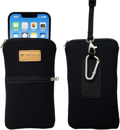 Tainada Men Women Phone Neoprene Shockproof Zippered Sleeve Case Bag Pouch w/Carabiner Clip Hook, Neck Lanyard, Belt Loop Holster for iPhone 17/16 Pro Max, Air, 16e, 16 Plus; Samsung S25+ (Black) | For Men/Women; Water-resistant neoprene material, shockpr