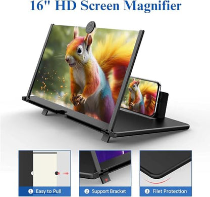 16" Screen Magnifier for Cell Phone – 3D HD Magnifing Screen Enlarger Projector for Movies Videos and Gaming – Foldable Phone Stand Holder with Screen Amplifier–Supports All Smartphones (Black-16inch) - size: 16 inch