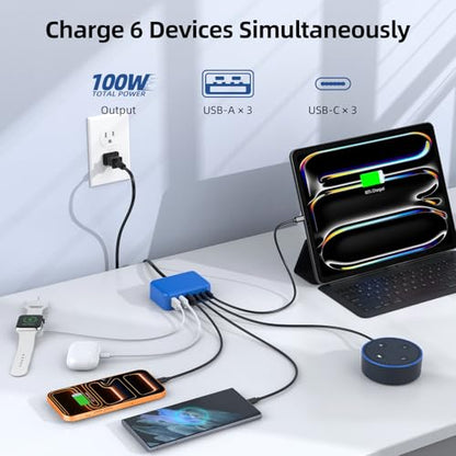 100W 6 in 1 USB Charger, 50% Smaller Charging Station for Multiple Devices - color: C-Blue