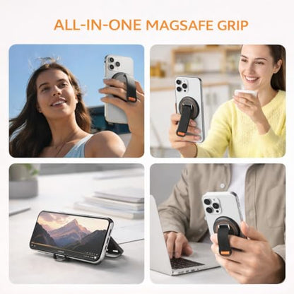 Mizi [2025 Upgraded] Magnetic Phone Holder with 360° Rotating Stand – 4-in-1 Grip Strap Compatible with iPhone 12–16, Samsung, Pixel – Strong Magnet, Kickstand, Wireless Charging – Black