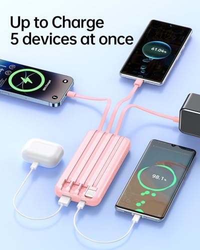 RONEGN Portable Charger with Built in Cable -20000mAh Fast Charging Power Bank USB C Slim 22.5W LED Display Battery Pack 5 Outputs & 3 Inputs for Travel Essentials iPhone Samsung Phones Pink - color: Pink