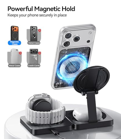 Wireless Charger for iPhone, 3-in-1 Magnetic Charging Station for Apple - color: Black