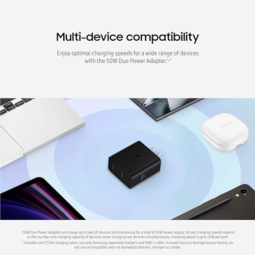Samsung 50W Duo Power Adapter Wall Charger, 2 Ports, Cable Included, Black
