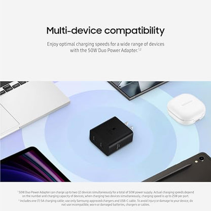 Samsung 50W Duo Power Adapter Wall Charger, 2 Ports, Cable Included, Black