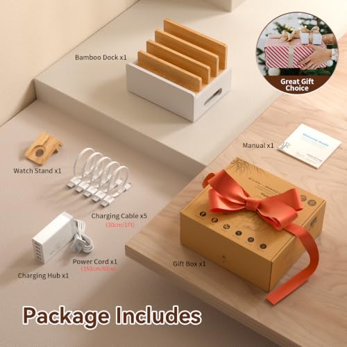 Pezin & Hulin Bamboo Charging Station with USB Charger&Cables-Natural+White - color: Natural + White(With Charger)