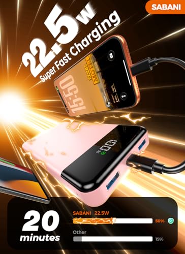 SABANI Portable Charger 35000mAh Power Bank, 4 Built in Cable Big Capacity - color: Bubblegum