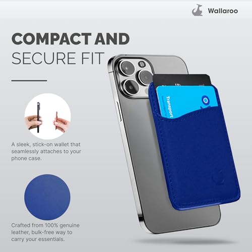 Wallaroo Premium Leather Cell Phone Wallet Stick On - Android and iPhone Wallet and Card Holder for Women and Men - Durable with Non-Slip Lining Secures Up to 3 Cards - color: Royal Blue Leather