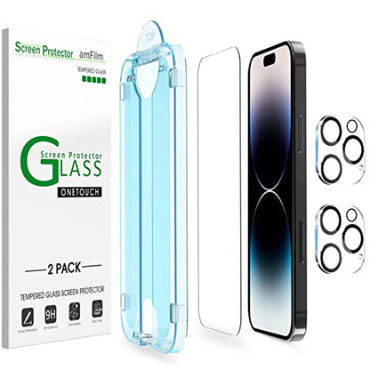 amFilm 2 Pack Tempered Glass Screen Protector + Camera Lens Protector for iPhone 14 Pro Max 6.7 Inch. Easy OneTouch Installation, Auto-Alignment, Bubble Free, Case Friendly, Anti-Scratch - size: IPH14P-6.7”