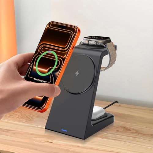 25W Magnetic Wireless Charging Stand for Mag-Safe, 3 in 1 Fast Wireless Charger Station for iPhone 17 Pro Max/17 Air/16 Pro/16 Plus/15/14/13/12 mini,Air Pods,Apple Watch