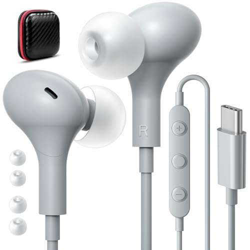 USB C Headphones for iPhone 18 Pro Max 17 16 15/Galaxy S26 FE Wired Earbuds - color: Sky-Grey