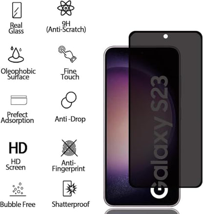 CJY For Samsung Galaxy S23 Privacy Screen Protector, 2+2 Pack Tempered Glass with Camera Lens Protector, 9H Hardness, Fingerprint Compatible, Case Friendly, Anti-Spy HD Glass - color: Samsung Galaxy S23 Privacy